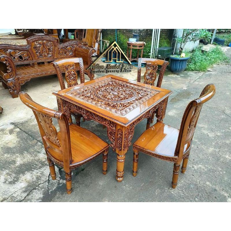 meja makan ukir kayu jati kursi 4 + kaca