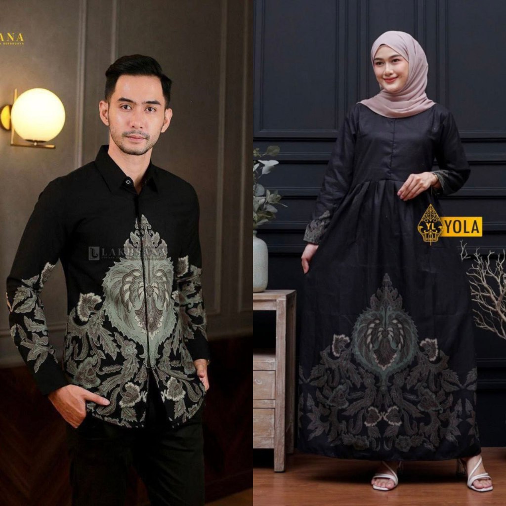 Baju batik couple gamis kemeja Harga satu pasang Pasangan Dewasa hitam series