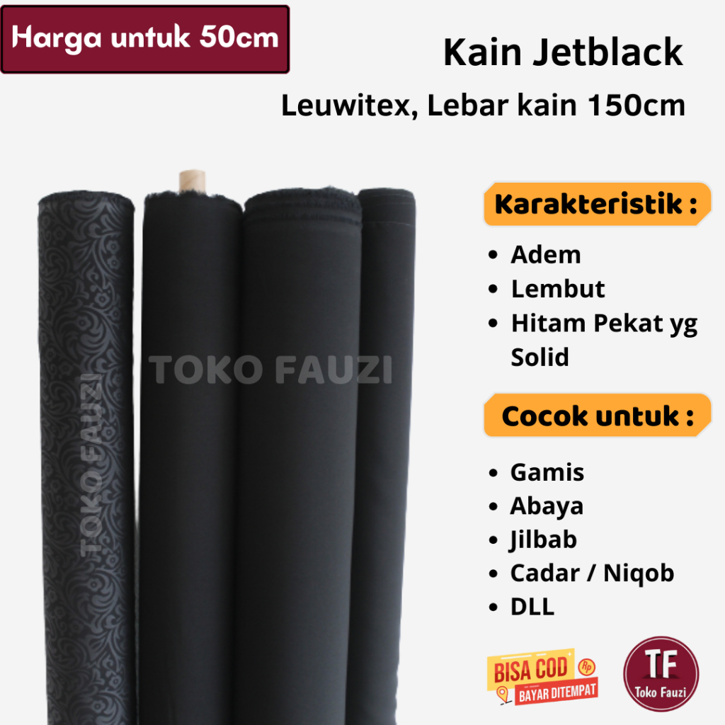 50cm Kain Jetblack Leuwitex Meteran Super Jetblack Hitam Pekat Wolfis Kiara Emboss silky Bahan Hitam