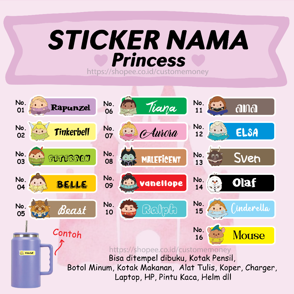 

STICKER LABEL NAMA KARAKTER KARTUN PRINCESS DISNEY CUTE LEBEL CUSTOM PREMIUM MURAH LUCU BISA TEMPEL DI BUKU KOTAK PENSIL HELM BOTOL MINUM KOTAK MAKANAN LAPTOP HP ALAT TULIS KOPER PINTU KACA