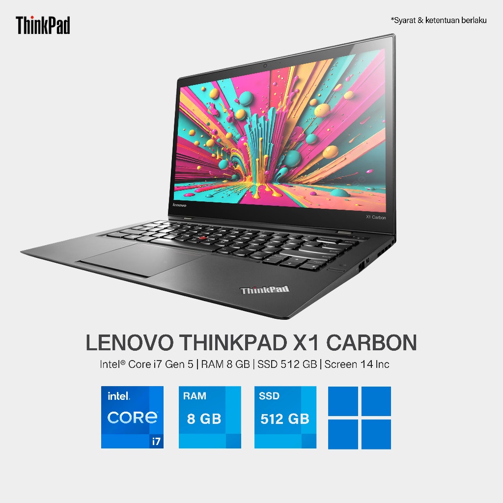 LAPTOP Lenovo Thinkpad X1 Carbon 3RD Intel Core i7 GEN 5 RAM 8 GB SSD 1 TB Layar 14 Inc TouchScreen