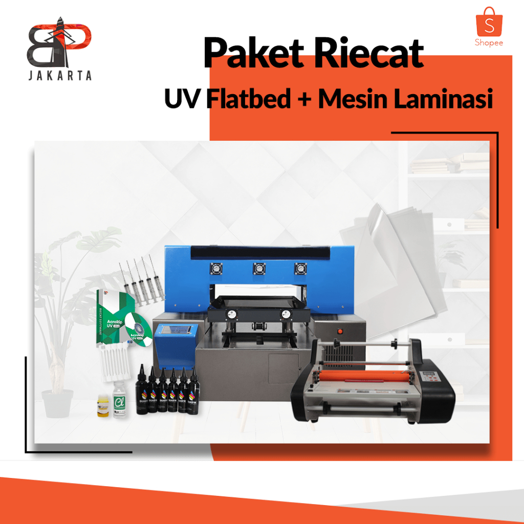 PAKET PRINTER RIECAT UV FLATBED + LAMINASI