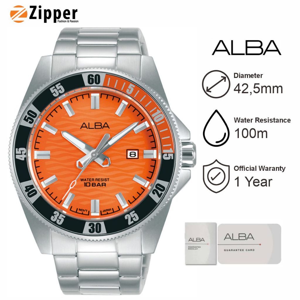 Jam Tangan Pria ALBA AG8L93 Analog Dial Orange Strap Rantai Stainless Steel Original Bergaransi