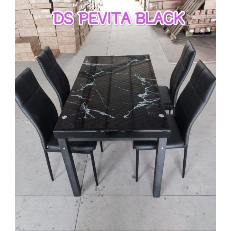 meja makan 4k kaca hitam / kursi makan 4k minimalis / meja makan marble hitam
