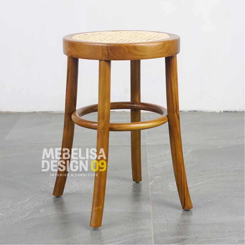 Louna Kursi Stool Bundar Kayu Jati Mix Anyaman