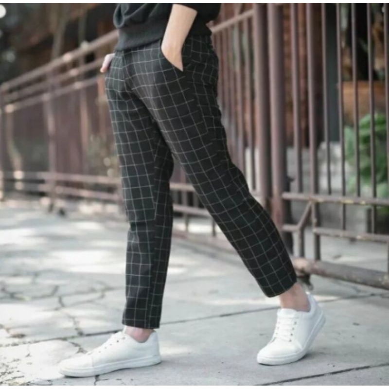 Celana Panjang Tartan Kotak Kotak Pria Dewasa Pinggang Karet Rip Melar Nyaman