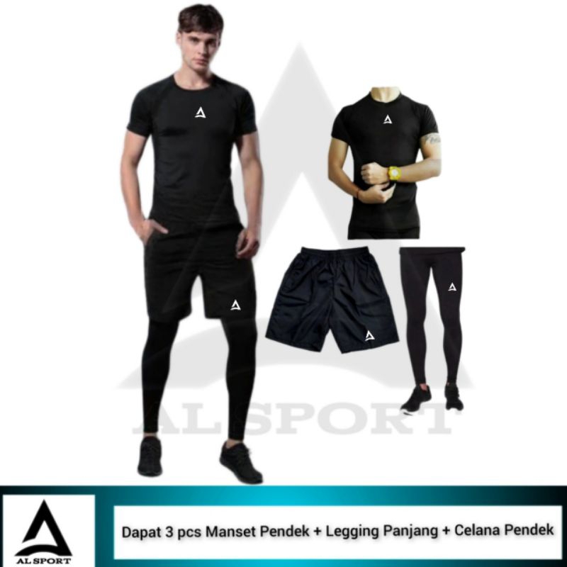 Full set Olahraga Pria Baju Manset Lengan Pendek Legging Street Panjang