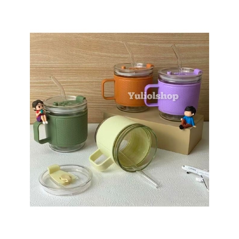 gelas kaca warna mug air  botol minum kaca gagang warna