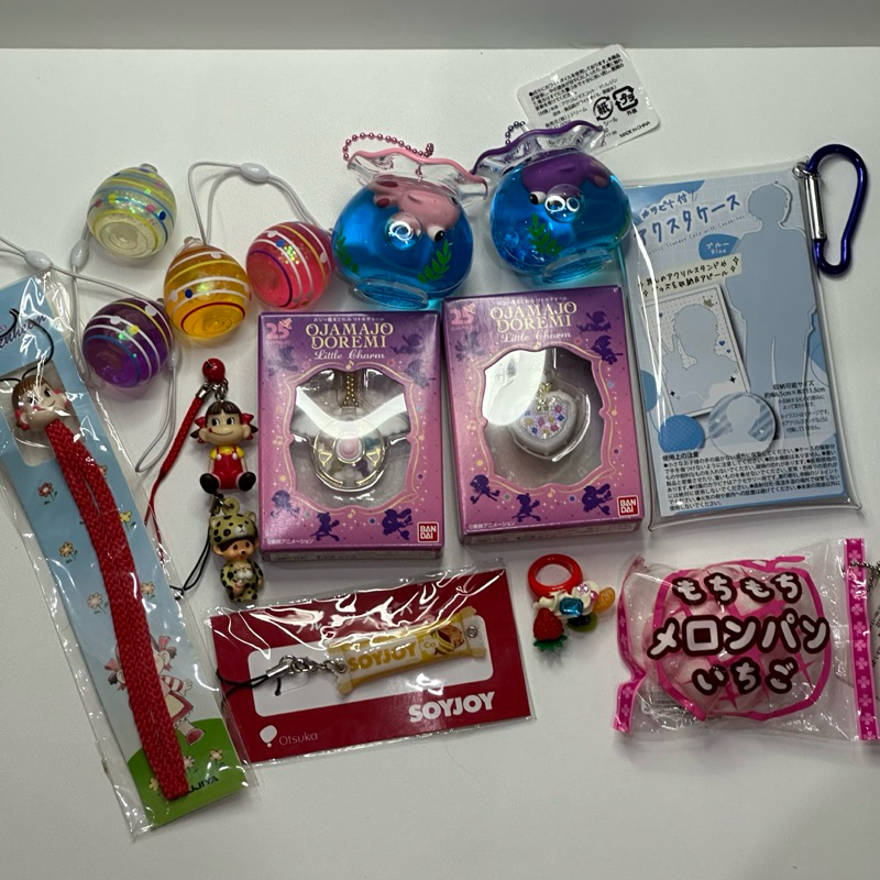 various gotochi gacha gantungan trinkets peko, monchici, fishbowl, magical doremi, gacha pouch, squi