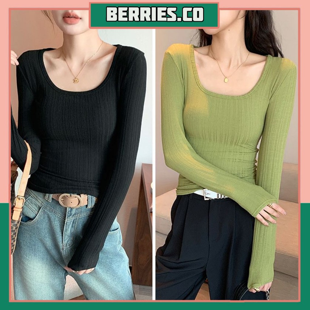 BRI*BJ1608 Pakaian Wanita Baju Atasan Lengan Panjang Inner Knit Rib Longsleve Squere Neck