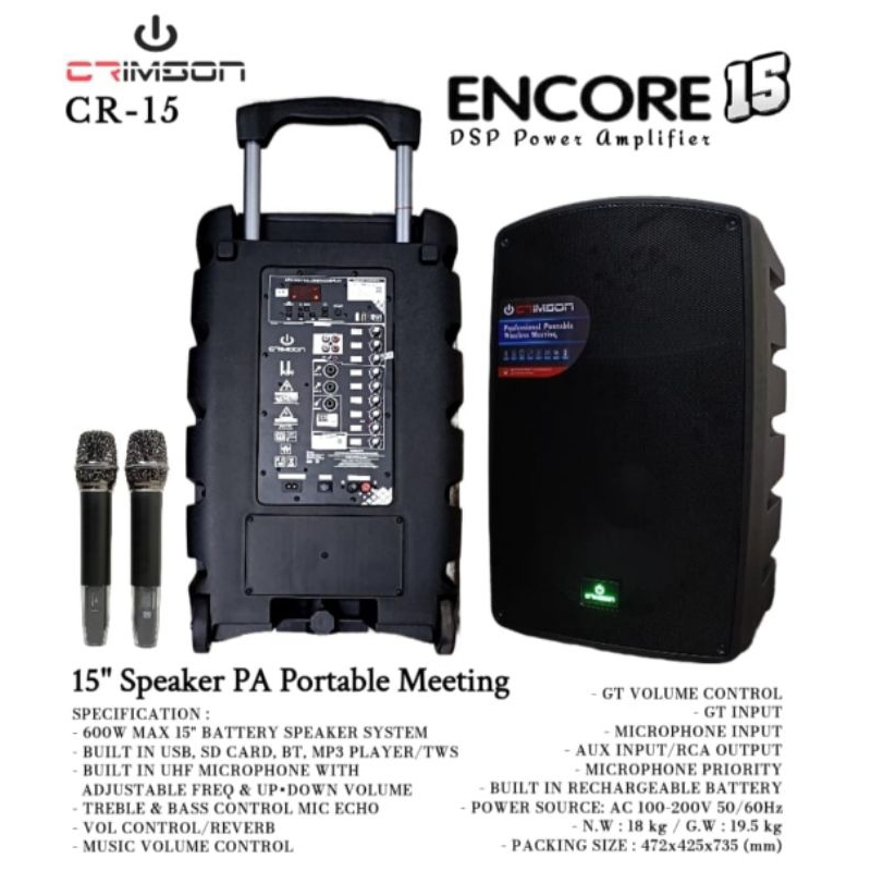 SPEAKER PORTABLE CRIMSON 15 INCH ENCORE 15 ORIGINAL USB BLUETOOTH