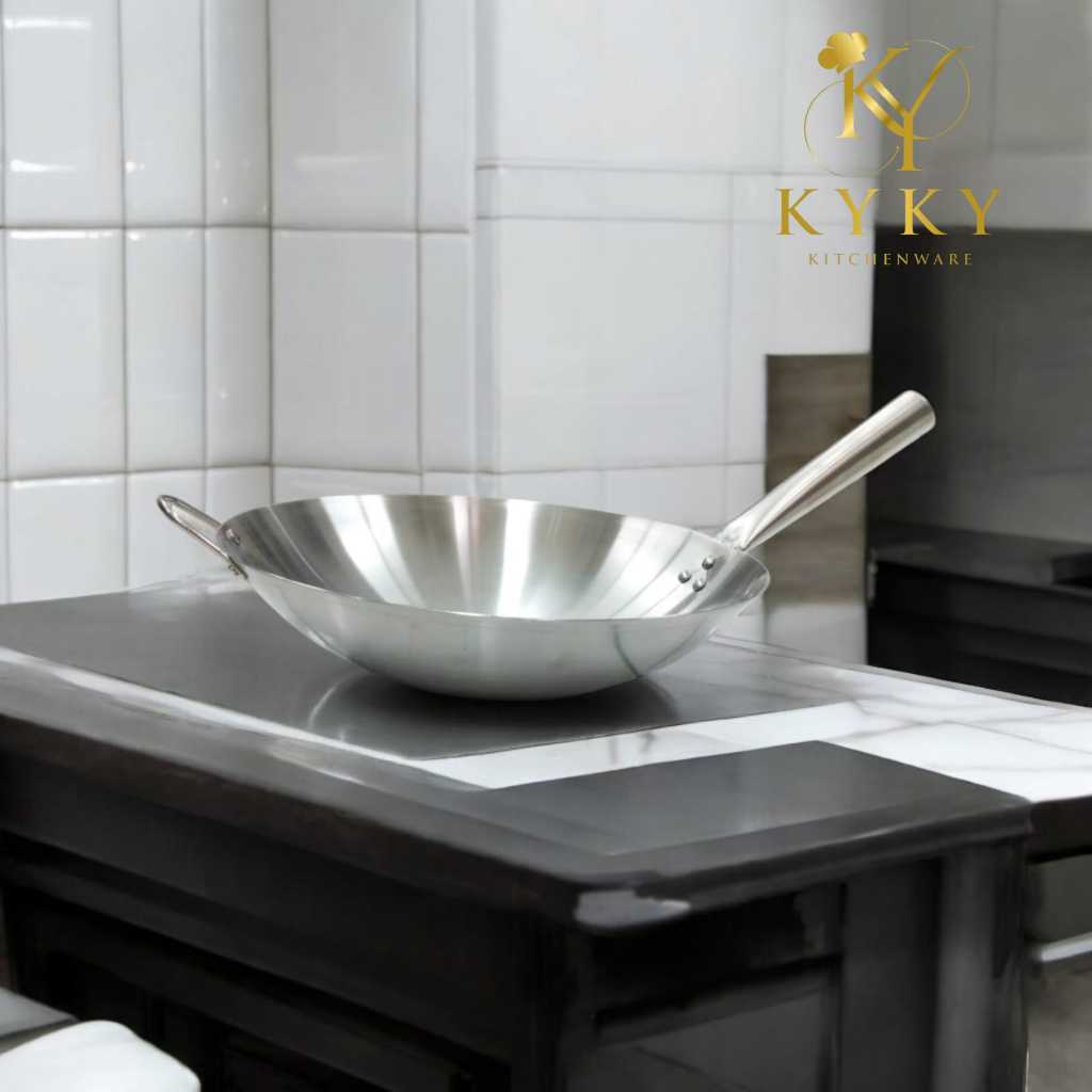 Wajan Penggorengan - Kuali Wok Kwali Stainless steel gagang 1 Handle 14 inch 36 cm