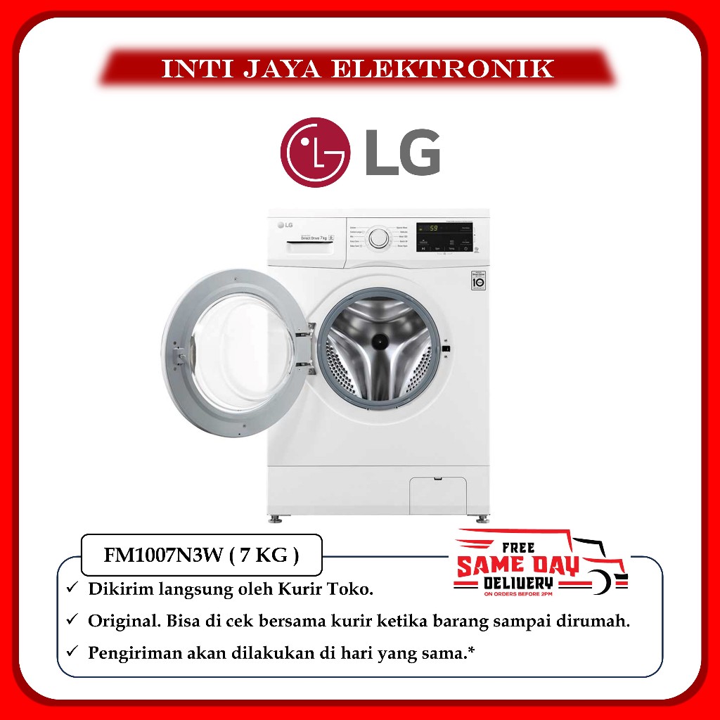 MESIN CUCI LG 7 KG INVERTER 1 TABUNG FM1007N3W FRONT LOADING GARANSI RESMI LG 7KG