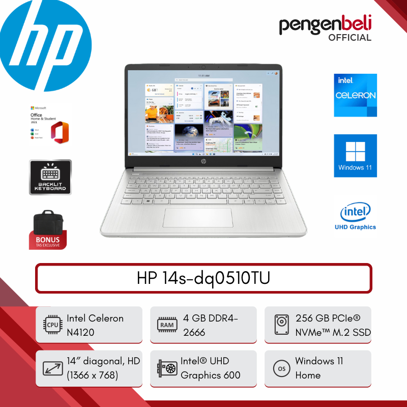 Laptop HP Resmi - HP 14s-dq0510TU - Intel Celeron N4120 - Ram 4gb - ssd 256gb Nvme - Display 14 Inch