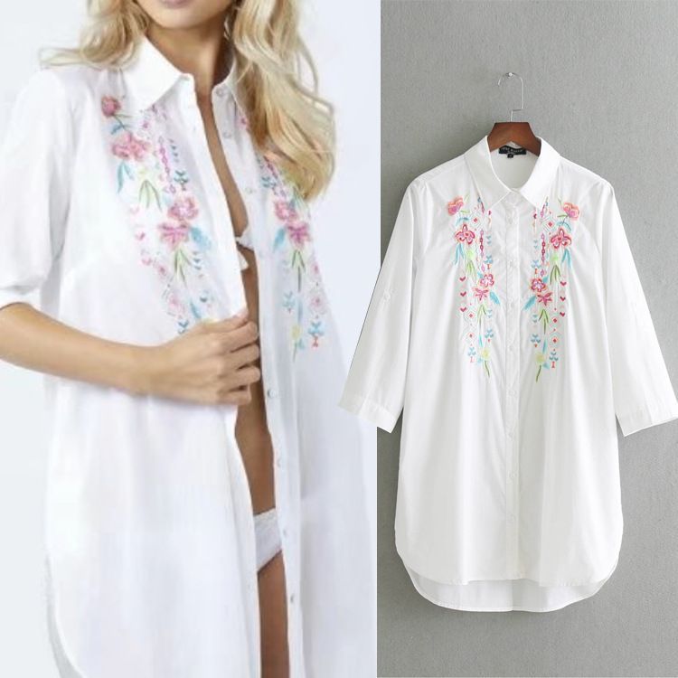 4057 - Atasan / Tunik Putih Lengan Panjang Bordir Bunga Bagian Depan