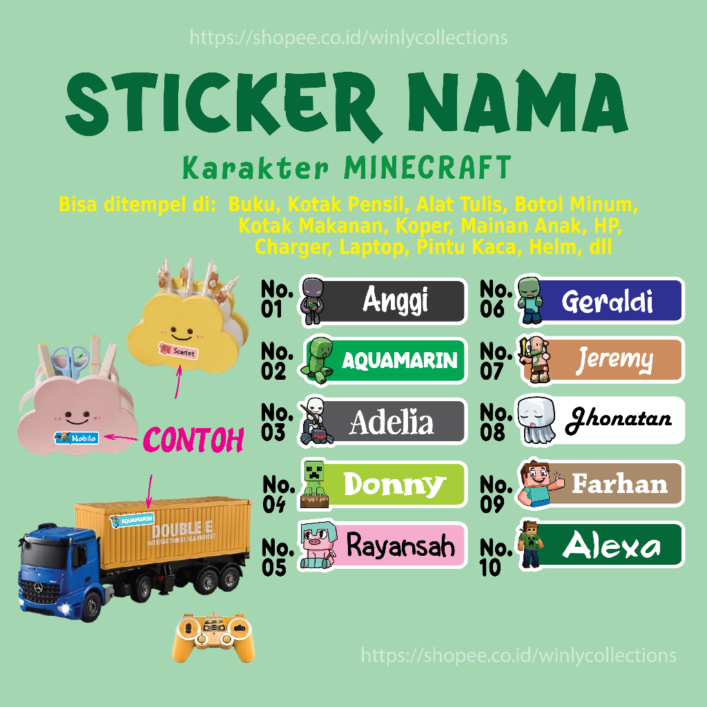 

STIKER LABEL NAMA MINECRAFT GAMES STICKER CUSTOM LEBEL PREMIUM MURAH LUCU BISA TEMPEL DI BUKU KOTAK PENSIL HELM BOTOL MINUM KOTAK MAKANAN ALAT TULIS KOPER LAPTOP HP PINTU KACA MAINAN ANAK