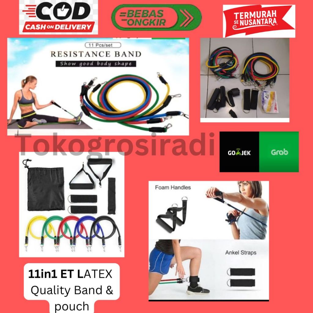 Resistance Bands Set 11in1 Karet Elastis Panjang Tali Alat Olahraga