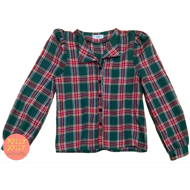 YJY - Kemeja Flanel Lengan Balon Crop Motif Kotak-Kotak Natal Warna Hijau (Preloved)