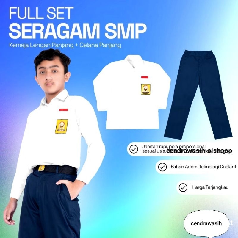 Setelan Seragam Sekolah Baju putih panjang Celana Biru Panjang SMP.MTS Laki Laki Cowok Premium Kuali