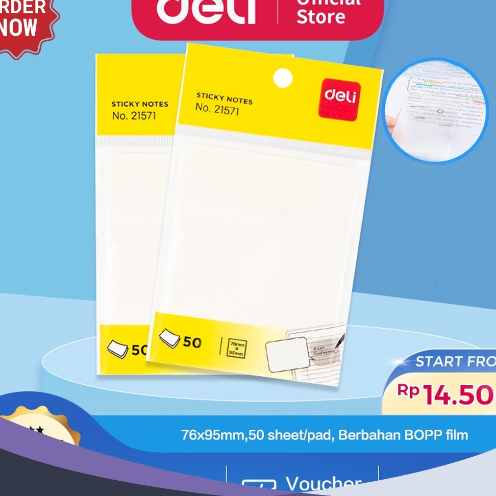 

UNIK Deli Semitransparent Sticky Notes Memo Tempel Semi Transparan 76x95mm 5 LembarPad Lem Kuat 21571