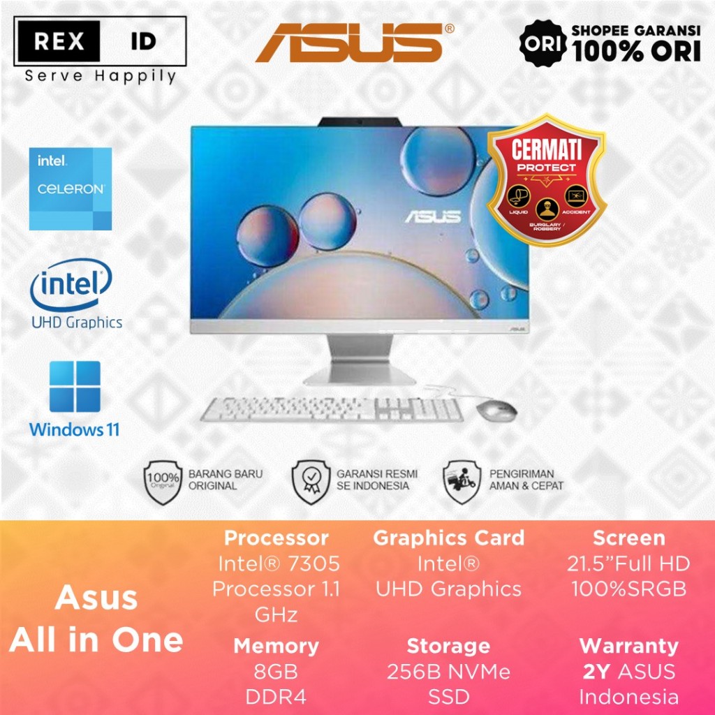 PC AIO Asus Celeron 7305 8GB 256GB 21.5" Full HD Win11+OHS - Asus AIO A3202WBAK-WPB182W