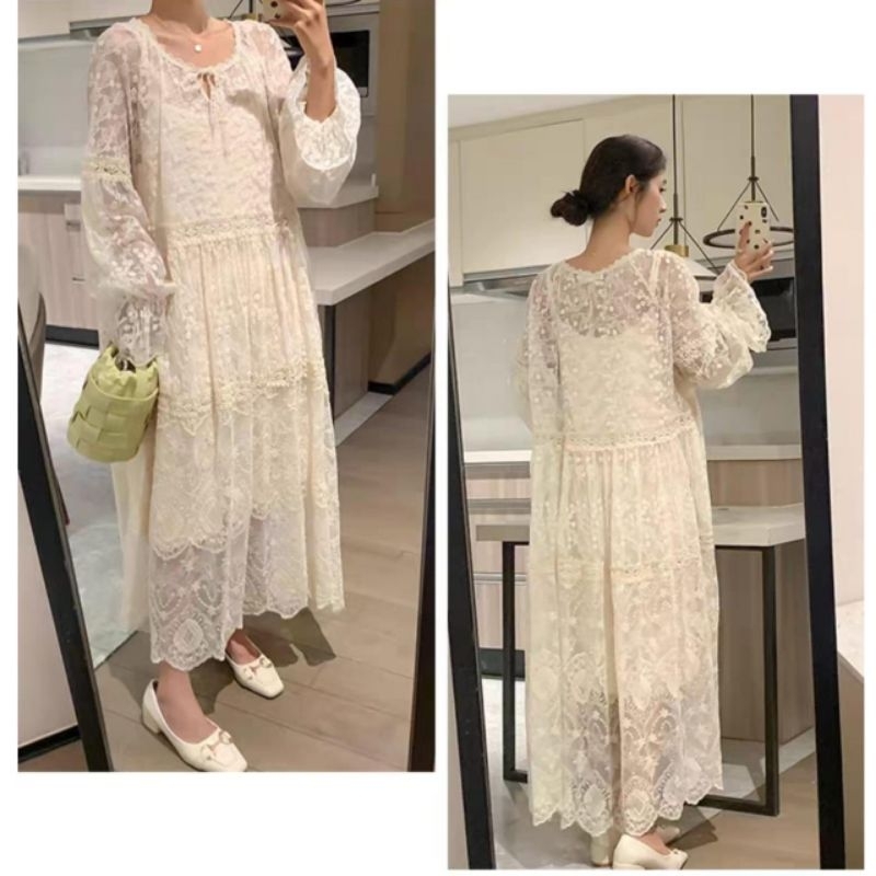 14029 (Set Inner DRES ) Baju Mididress GILBERTA LACE BABYDOLL MIDI DRESS lengan panjang dres Korea K