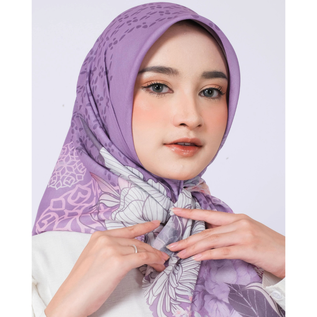 FashHijab Kerudung Segi Empat Printing Lasercut Motif Anemone Tryspan Ultrafine Jilbab Premium Ungu
