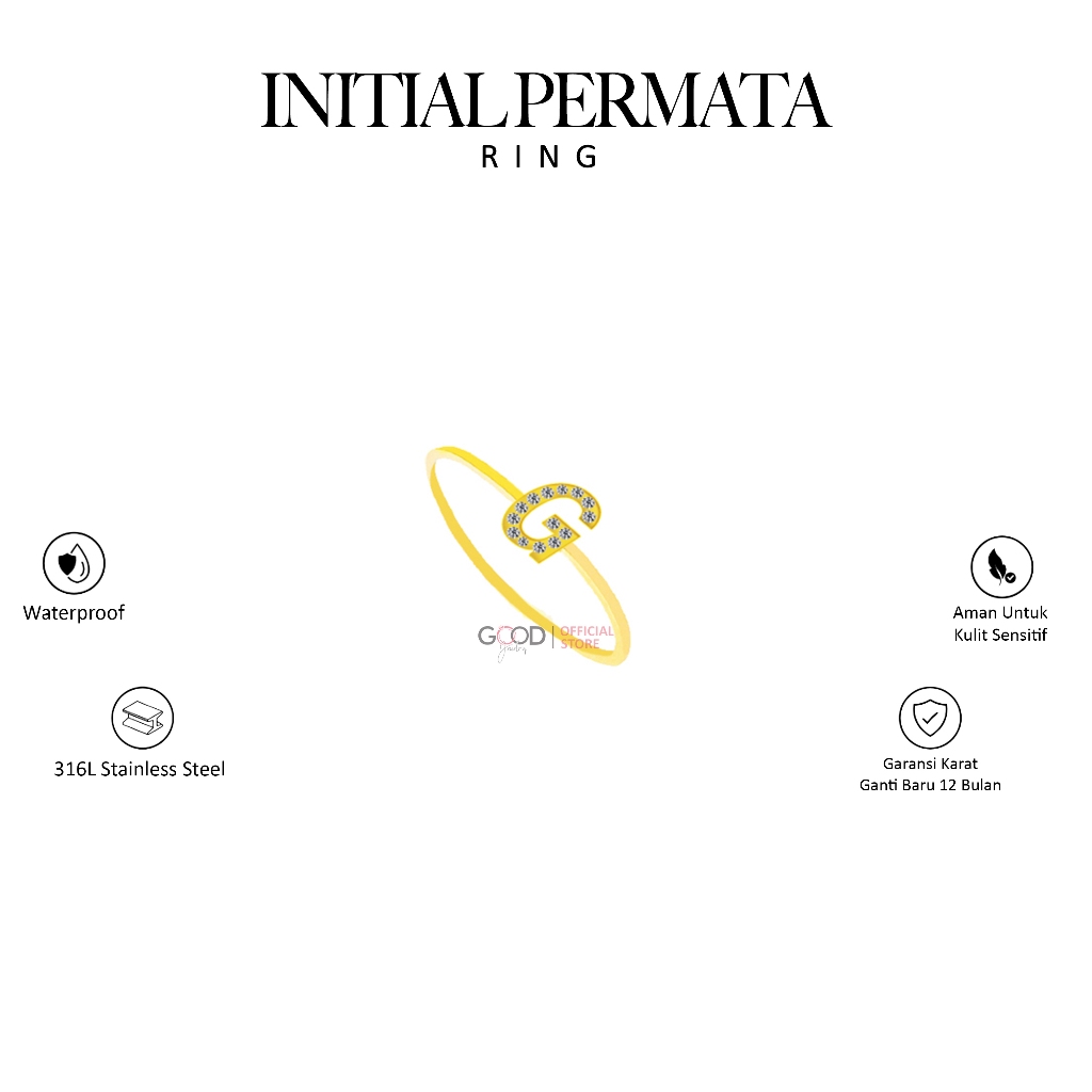 Cincin Huruf TItanium 316L Stainleess Steel Lapis Emas 18K - Initial Permata Ring