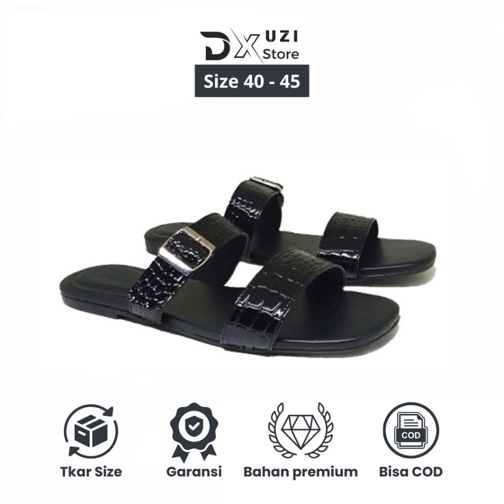 Sandal Wanita Teplek Croco Hitam Big Size Jumbo / Sendal Casual Santai Flat Cewek