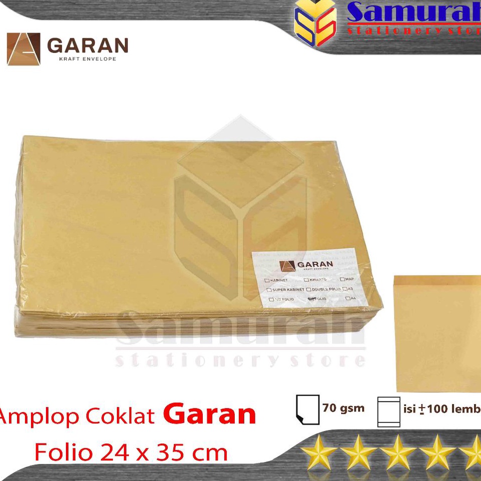 

Super Promo 7799U Amplop Kertas Coklat GARAN Ukuran Folio 24 x 35 cm Amplop Dokumen F4 1 pak isi 1 tebal 7 Gsm Gram E54 Kirim Langsung