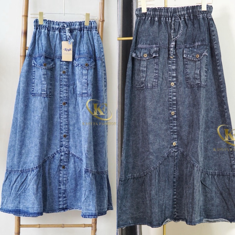 Venia Skirt Dona Rok Jeans Snow Biru Dan hitam//Rok Denim Wanita Jins Panjang Variasi Kancing Kekini