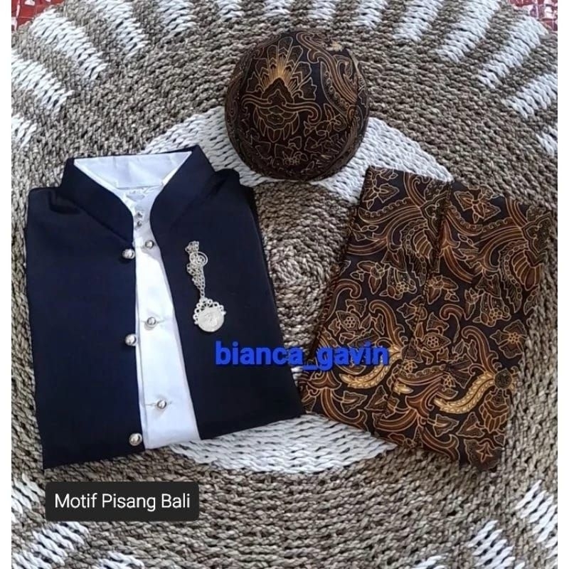 [1 Set] Beskap Hewes + Jarik Instan + Blangkon / Baju Adat Jawa Pria, Motif Pisang Bali