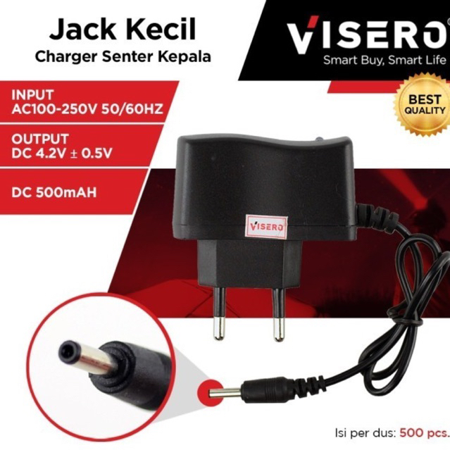 VISERO - Charger Senter Kepala Adaptor Cas Original Headlamp Visero ( Jack Kecil ) - Hitam
