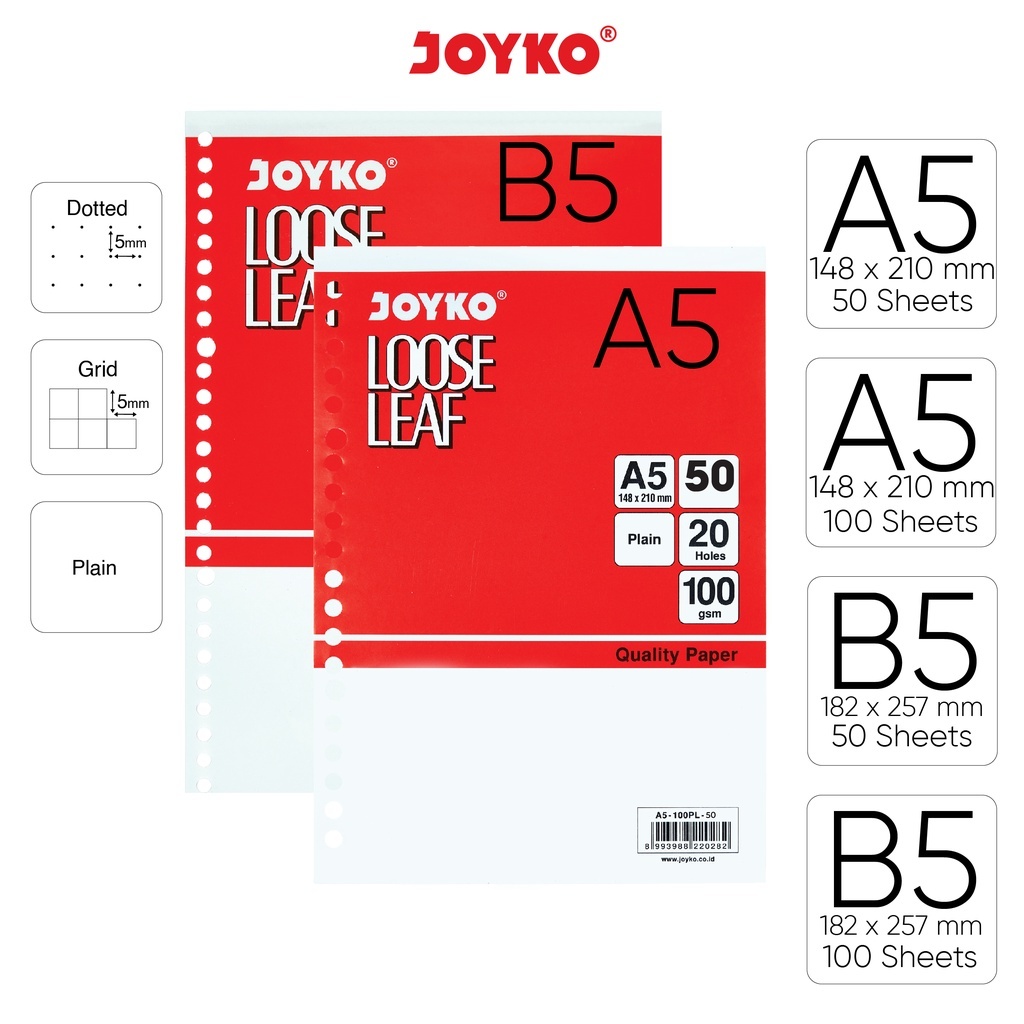 

Loose Leaf / Kertas Binder Polos, Kotak, Bertitik (Plain, Grid, Dotted) Joyko Ukuran A5 dan B5