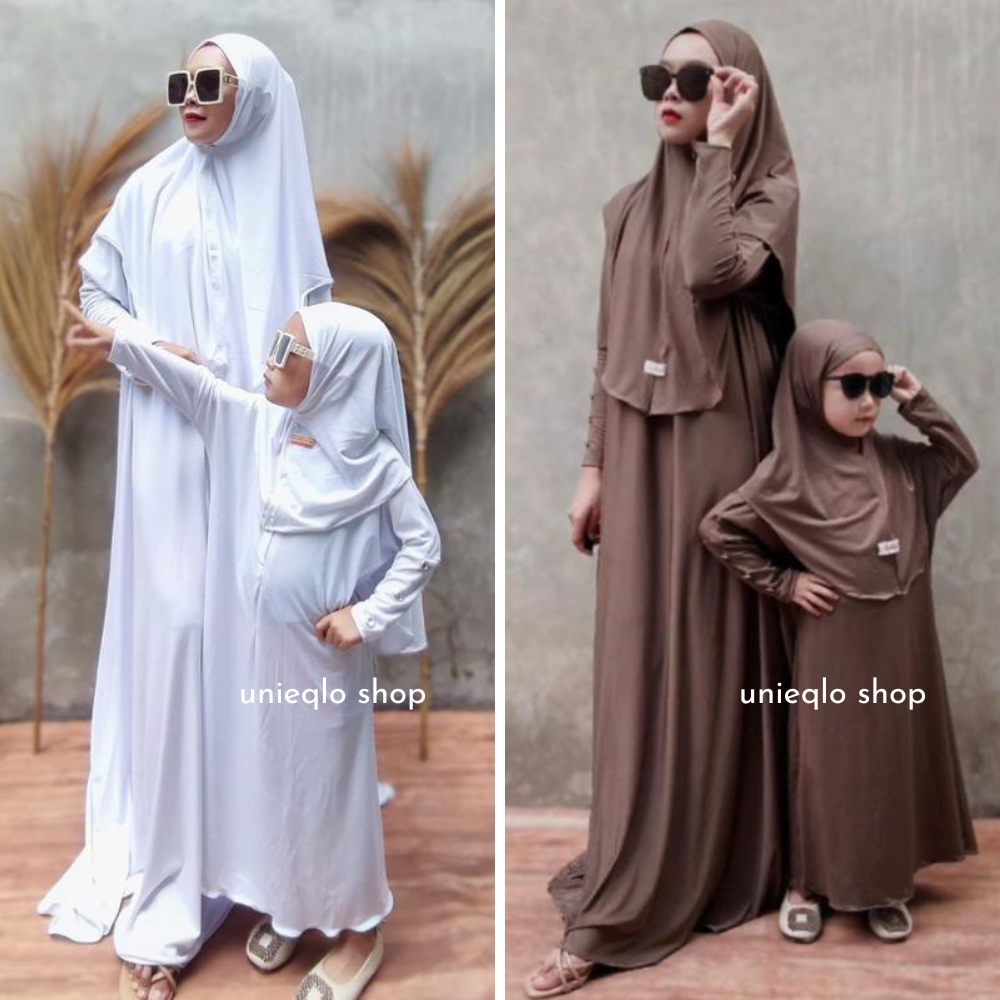 Abaya Mecca Couple Ibu & Anak Gamis Abaya Jersey Mecca Batwing Set Kerudung Anak Usai 1-12 Tahun