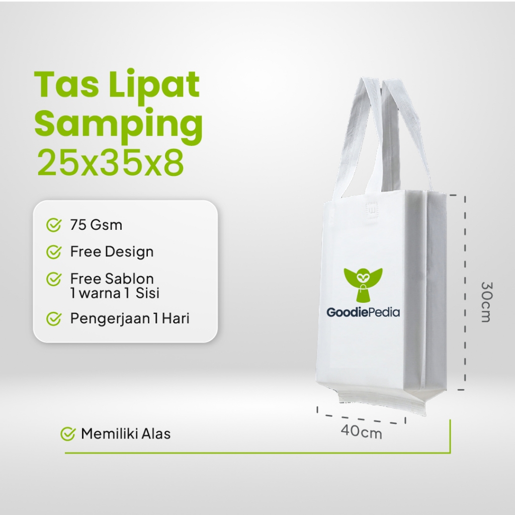 

Tas Spunbond Lipat Samping 25x35 Custom Desain - Ideal untuk Bansos & Acara Spesial