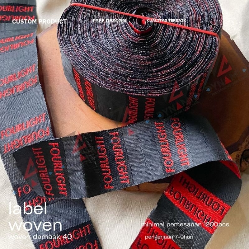 label woven  bordir rajut ukuran 3x6 cm minimal order 100 lusin(1200pcs) free hotcut/potong, free ds