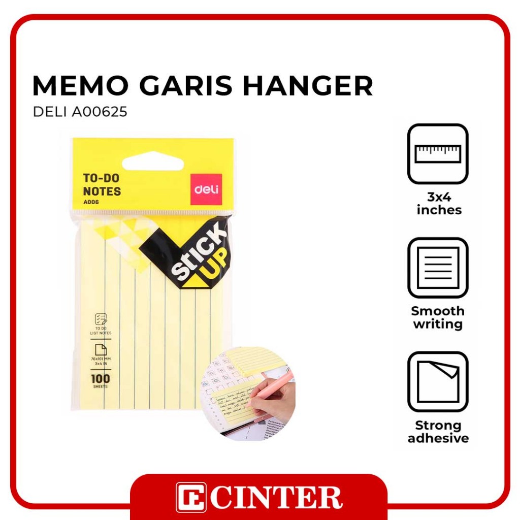 

DELI - MEMO TEMPEL / STICKY NOTE / POST-IT NOTE / CATATAN 76X101 MM YELLOW GARSS HANGER 100 SHEET A00652