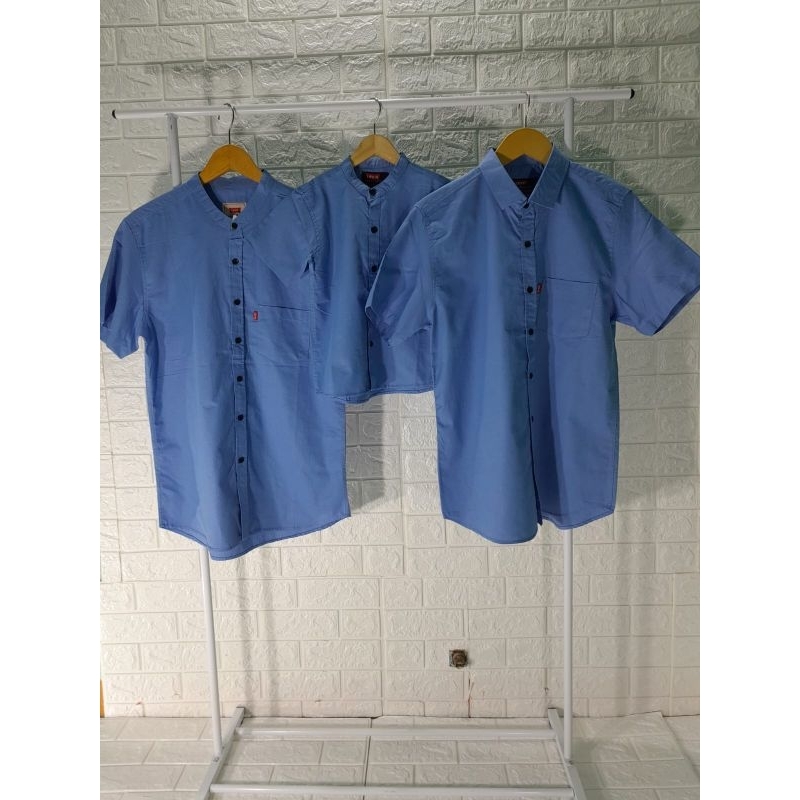 Kemeja Polos Pendek Couple Ayah Dan Anak Warna Biru//Kemko Polos Couple Ayah Dan Anak