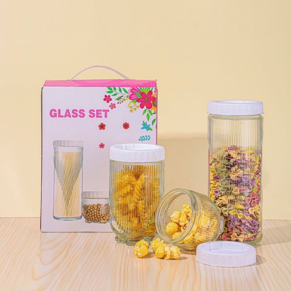 Toples Kaca Set 3 Pcs Stoples Kaca Tutup Putar Toples Kue Kering Tutup Interlock