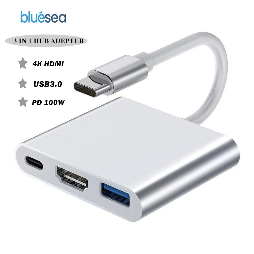 Bluesea 3 in 1 Hub Converter Adapter USB C Type C to USB 3.0 4K 30Hz HDMI PD 100W
