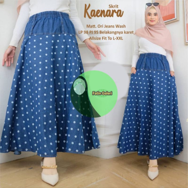 Bawahan Wanita Rok Payung Bahan Jeans Wash Motif Polkadot Cantik Saku Kanan Kiri Umbrella Skirt Panj