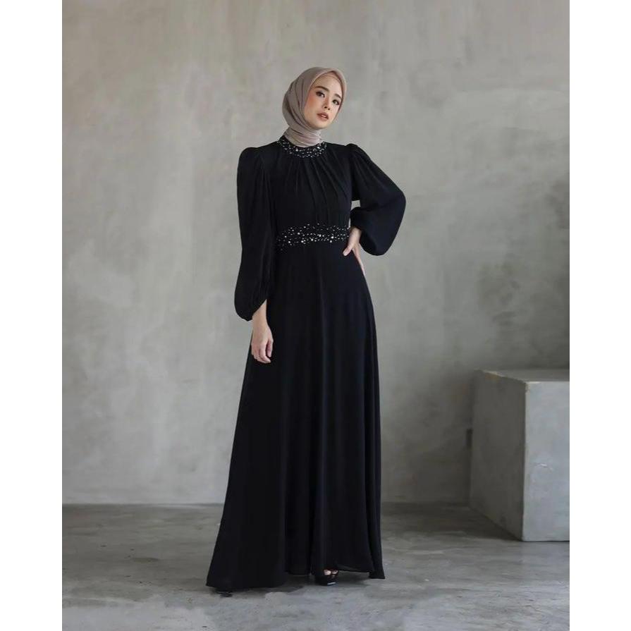 Gamis Ceruti Warna Hitam Aplikasi Payet /Dress Simple Mewah/Kamari Dress Bahan Ceruti Full Furing Ap