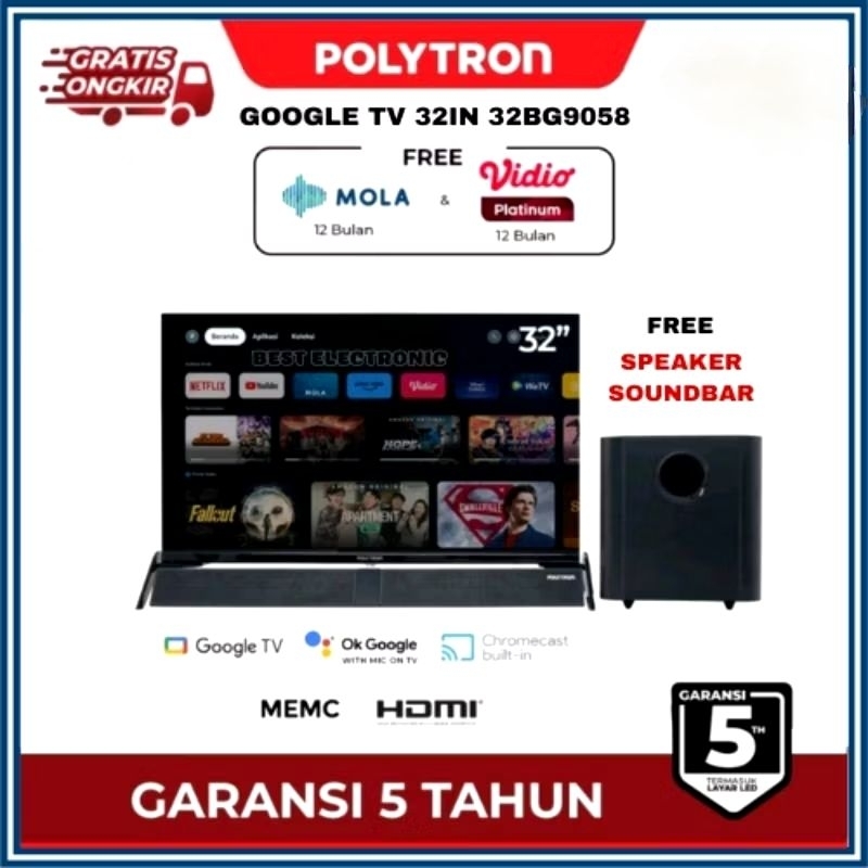 POLYTRON 32BG9058 TV LED 32 INCH ANDROID GOOGLE TV SOUNDBAR