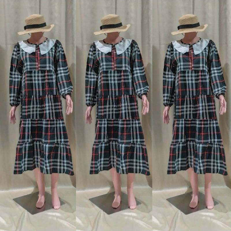Dress Midi Kotak Kotak Clariss / Long Dress Krah Bahan Katun