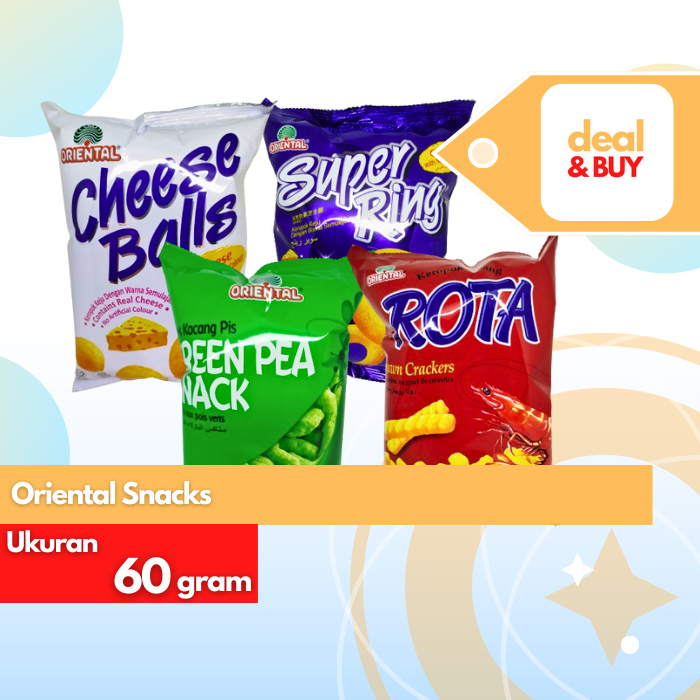 

Oriental Cheese Balls, Super Ring Cheese, Green Pea, Rota Prawn Crackers Snack 60gr