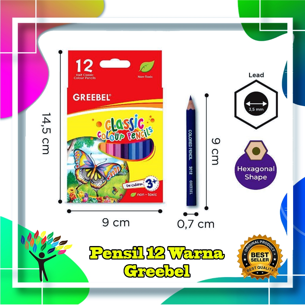 

GREEBEL Pensil Warna (3012 Half) Classic Color Pencils 12 Warna Pendek / Coloring / Pensil warna Greebel / Pensil warna Aman untuk Anak