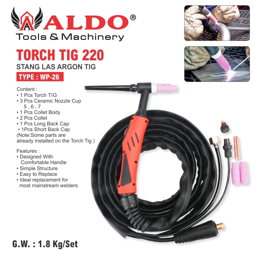 TORCH TIG 220 ( WP-26) / STANG LAS ARGON TIG / TIG WELDING TORCH MERK ALDO