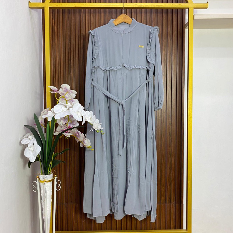 gamis wanita warna abu polos variasi tali belakang
