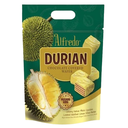 

Alfredo Cubic Wafer Durian / Wafer Krim Kacang Hazel Salut Cokelat Rasa Durian 250 Gr